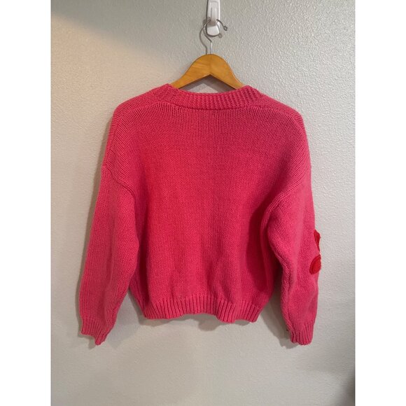 Colorful Knit Cardigan With Flower Appliques By Debut M/L Bright Pink Spring - Picture 3 of 7